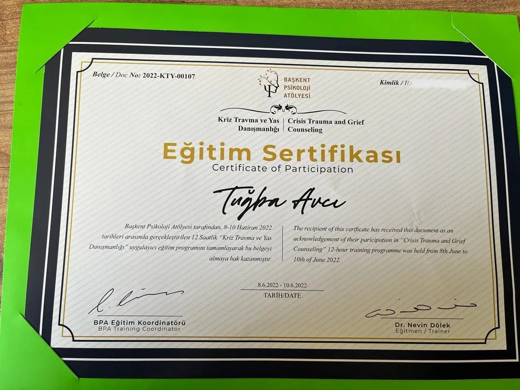 Tuğba AVCI Kriz, Travma ve Yas Terapisi Eğitimi (Dr. Nevin Dölek)